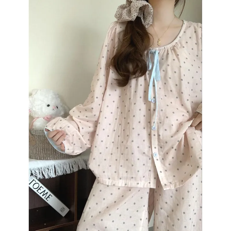 Nouveauté printemps-automne ensemble pyjama femme coton nuage motif pois col rond doux portable comme tenue d'intérieur · Grossiste · OEM · Mondial - View 4