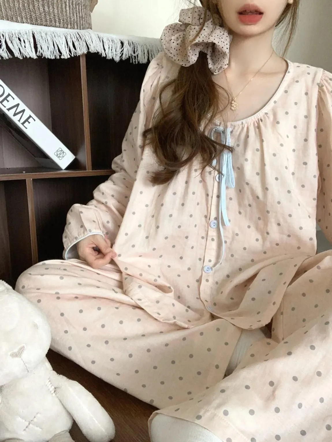 Nouveauté printemps-automne ensemble pyjama femme coton nuage motif pois col rond doux portable comme tenue d'intérieur · Grossiste · OEM · Mondial - Detail 11
