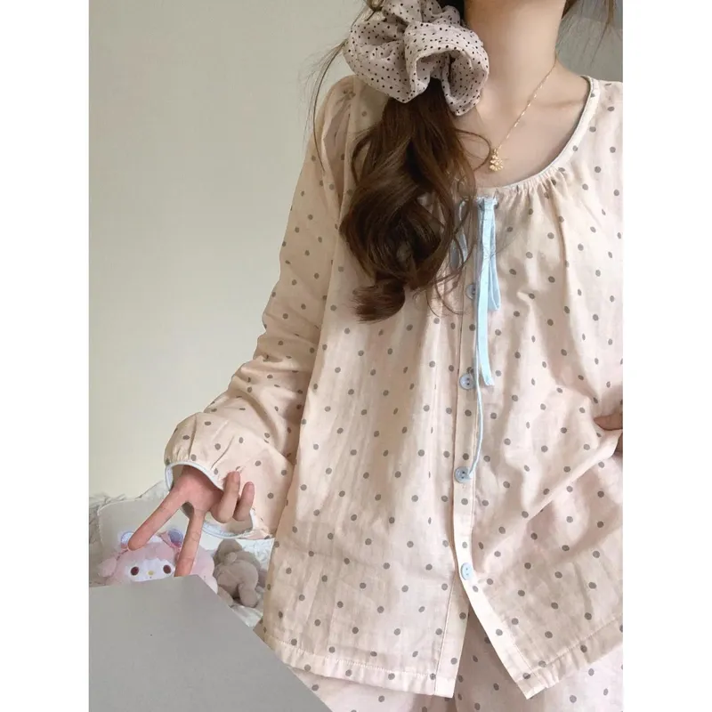 Nouveauté printemps-automne ensemble pyjama femme coton nuage motif pois col rond doux portable comme tenue d'intérieur · Grossiste · OEM · Mondial - View 2