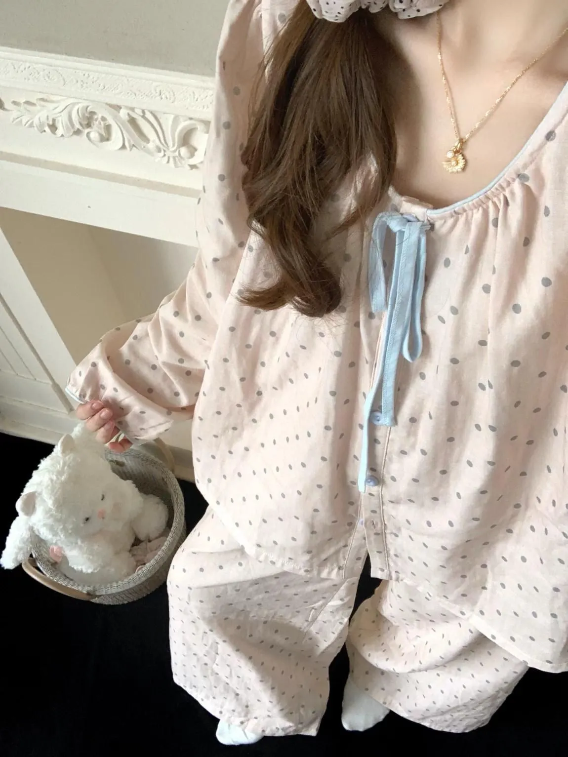 Nouveauté printemps-automne ensemble pyjama femme coton nuage motif pois col rond doux portable comme tenue d'intérieur · Grossiste · OEM · Mondial - Detail 8