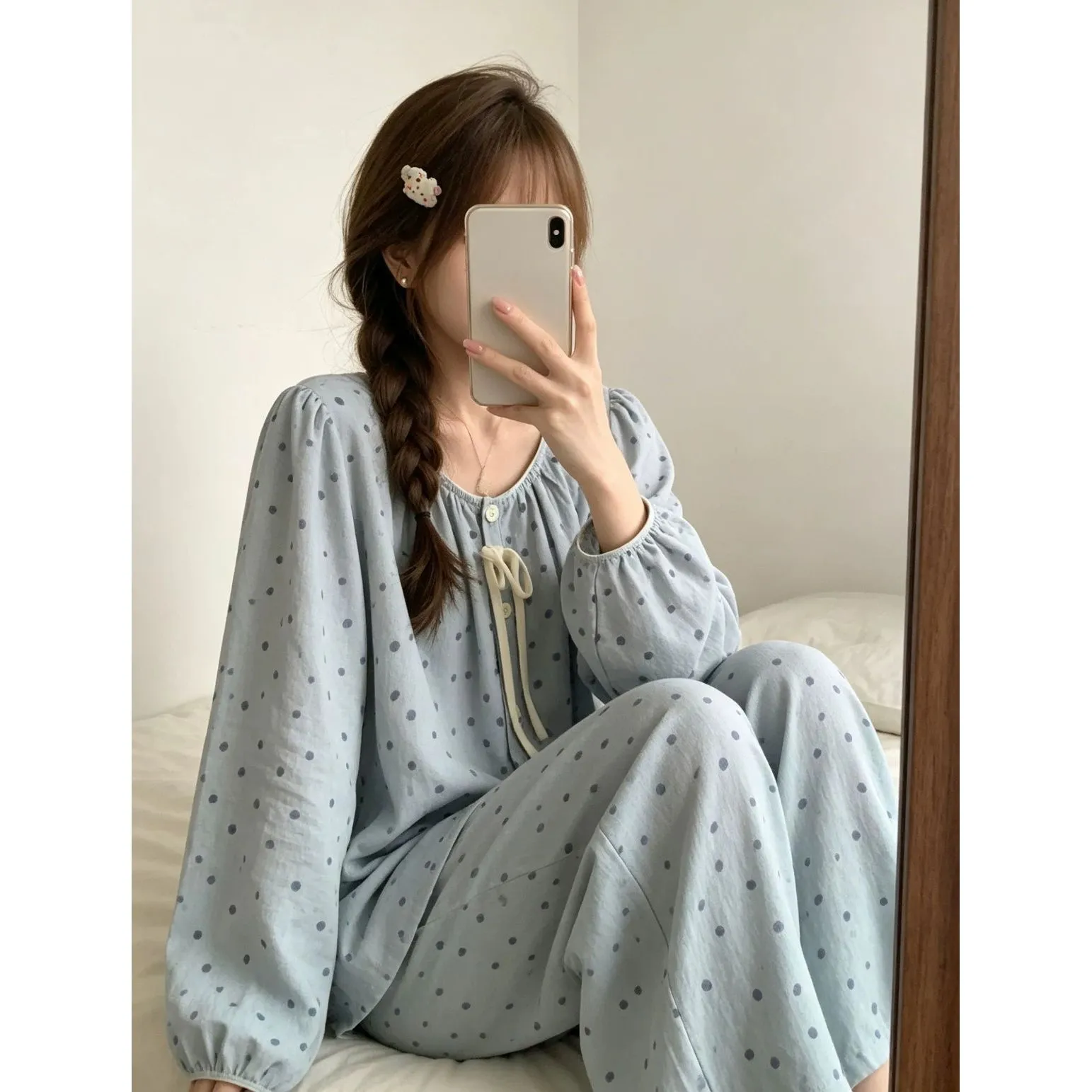 Nouveauté printemps-automne ensemble pyjama femme coton nuage motif pois col rond doux portable comme tenue d'intérieur · Grossiste · OEM · Mondial - Detail 2