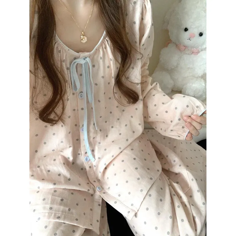 Nouveauté printemps-automne ensemble pyjama femme coton nuage motif pois col rond doux portable comme tenue d'intérieur · Grossiste · OEM · Mondial - View 3
