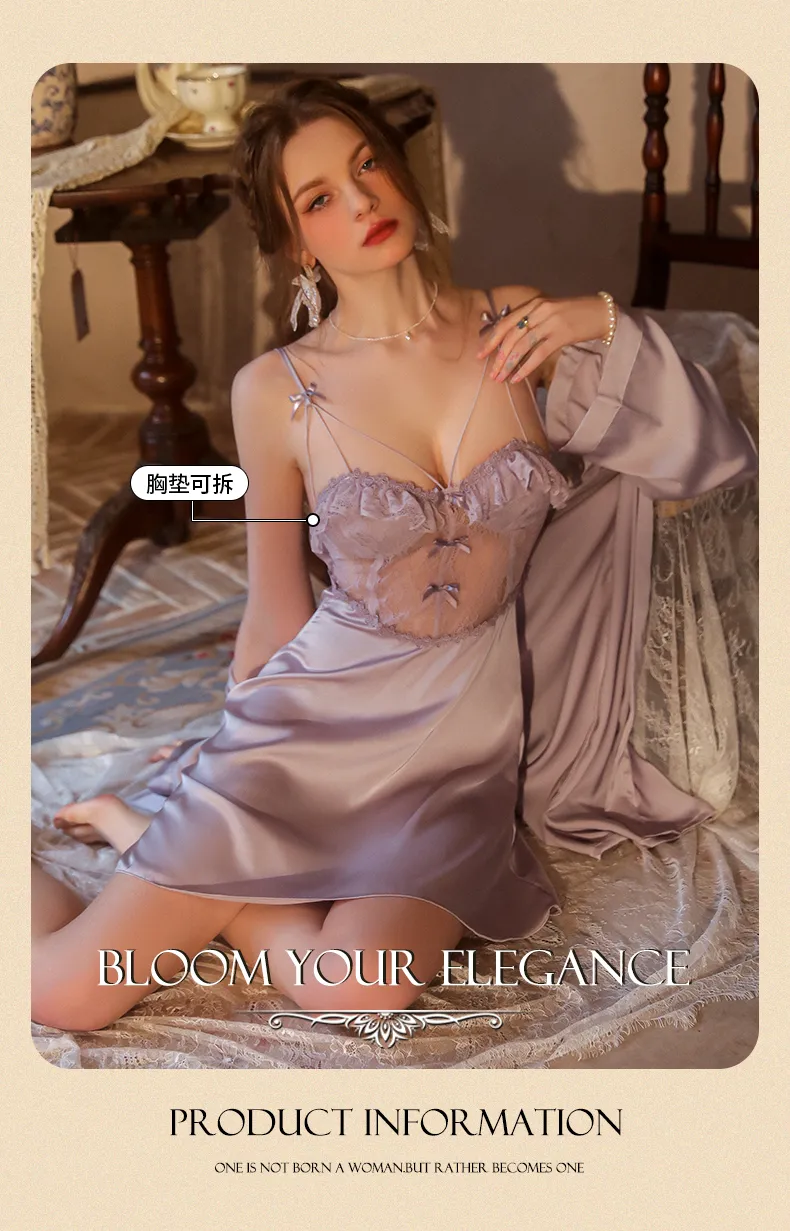 2025 Women's Two-Piece Sexy Sleepwear Set, Summer Camisole Nightgown with Padding and Western-Style Robe, Live-Stream Hot Item · Wholesale · OEM · Worldwide Shipping - Detail 1