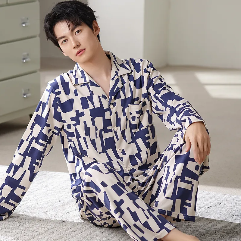 Piyama Pria Katun Murni Musim Semi/Gugur Terbaru, Model Kardigan, Potongan Longgar, Ukuran Besar L-4XL · Grosir · OEM · Pengiriman Global - View 3