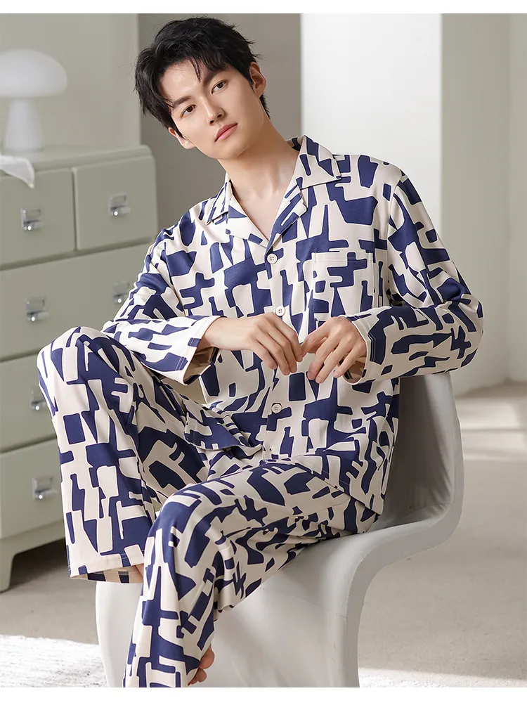 Piyama Pria Katun Murni Musim Semi/Gugur Terbaru, Model Kardigan, Potongan Longgar, Ukuran Besar L-4XL · Grosir · OEM · Pengiriman Global - Detail 18