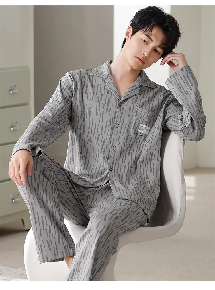 Piyama Pria Katun Murni Musim Semi/Gugur Terbaru, Model Kardigan, Potongan Longgar, Ukuran Besar L-4XL · Grosir · OEM · Pengiriman Global - Detail 18