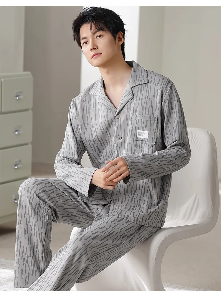 Piyama Pria Katun Murni Musim Semi/Gugur Terbaru, Model Kardigan, Potongan Longgar, Ukuran Besar L-4XL · Grosir · OEM · Pengiriman Global - Detail 22