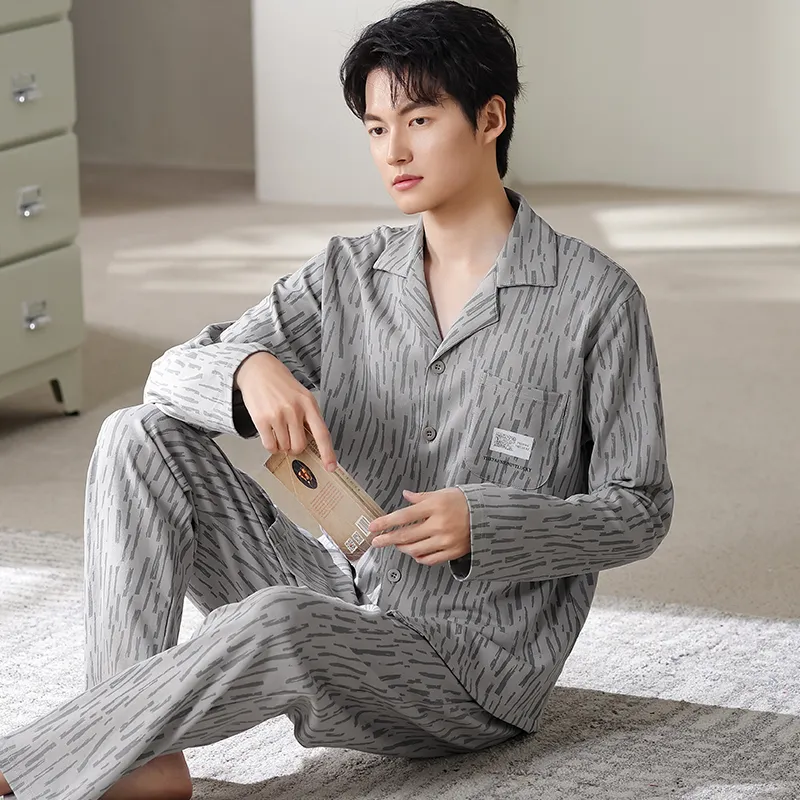 Piyama Pria Katun Murni Musim Semi/Gugur Terbaru, Model Kardigan, Potongan Longgar, Ukuran Besar L-4XL · Grosir · OEM · Pengiriman Global - View 2