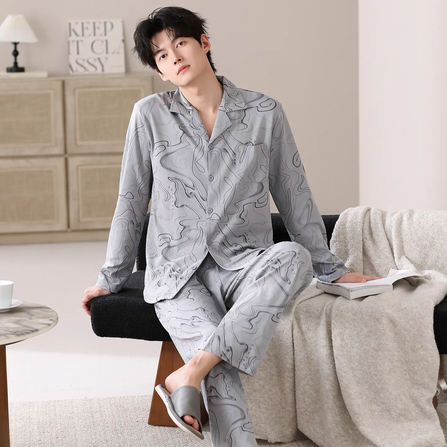 봄·가을 신상 순면 남성 파자마, 가디건형, 루즈핏 빅사이즈 홈웨어 L-4XL · 도매 · OEM · 전 세계 배송 - View 1