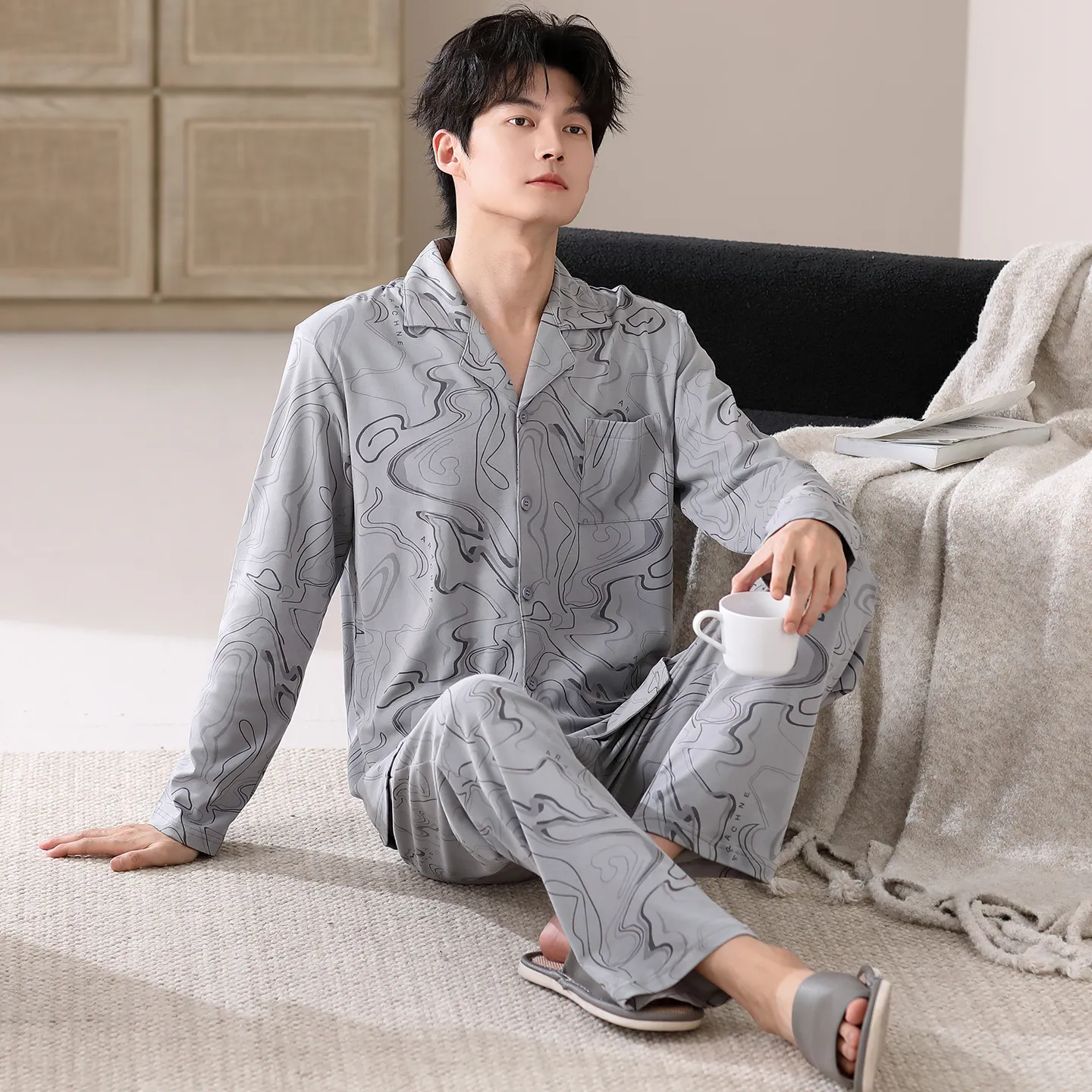 봄·가을 신상 순면 남성 파자마, 가디건형, 루즈핏 빅사이즈 홈웨어 L-4XL · 도매 · OEM · 전 세계 배송 - View 3