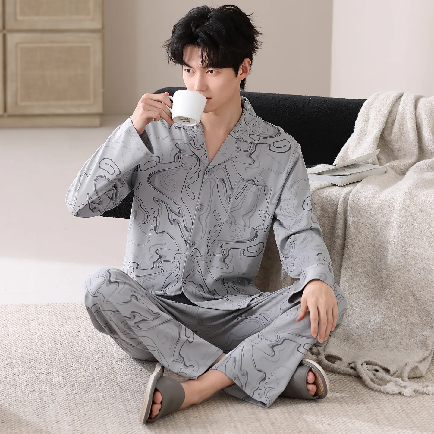 봄·가을 신상 순면 남성 파자마, 가디건형, 루즈핏 빅사이즈 홈웨어 L-4XL · 도매 · OEM · 전 세계 배송 - View 2