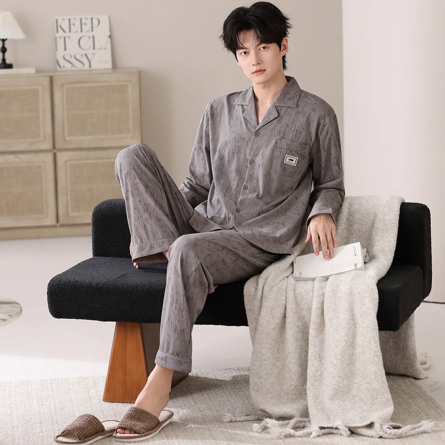 Nouveau pyjama homme en pur coton printemps/automne, cardigan, coupe ample, grandes tailles L-4XL · Grossiste · OEM · Mondial - View 1