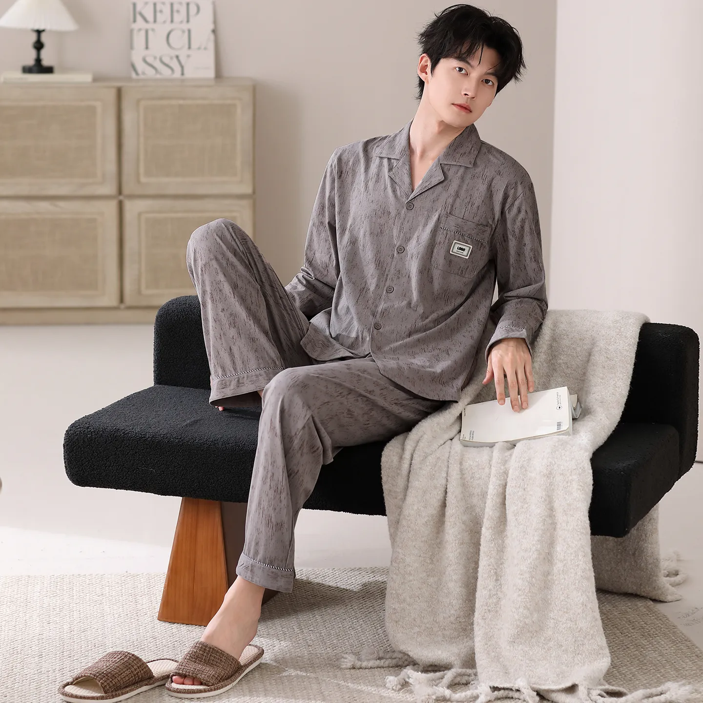 Nouveau pyjama homme en pur coton printemps/automne, cardigan, coupe ample, grandes tailles L-4XL · Grossiste · OEM · Mondial - View 2