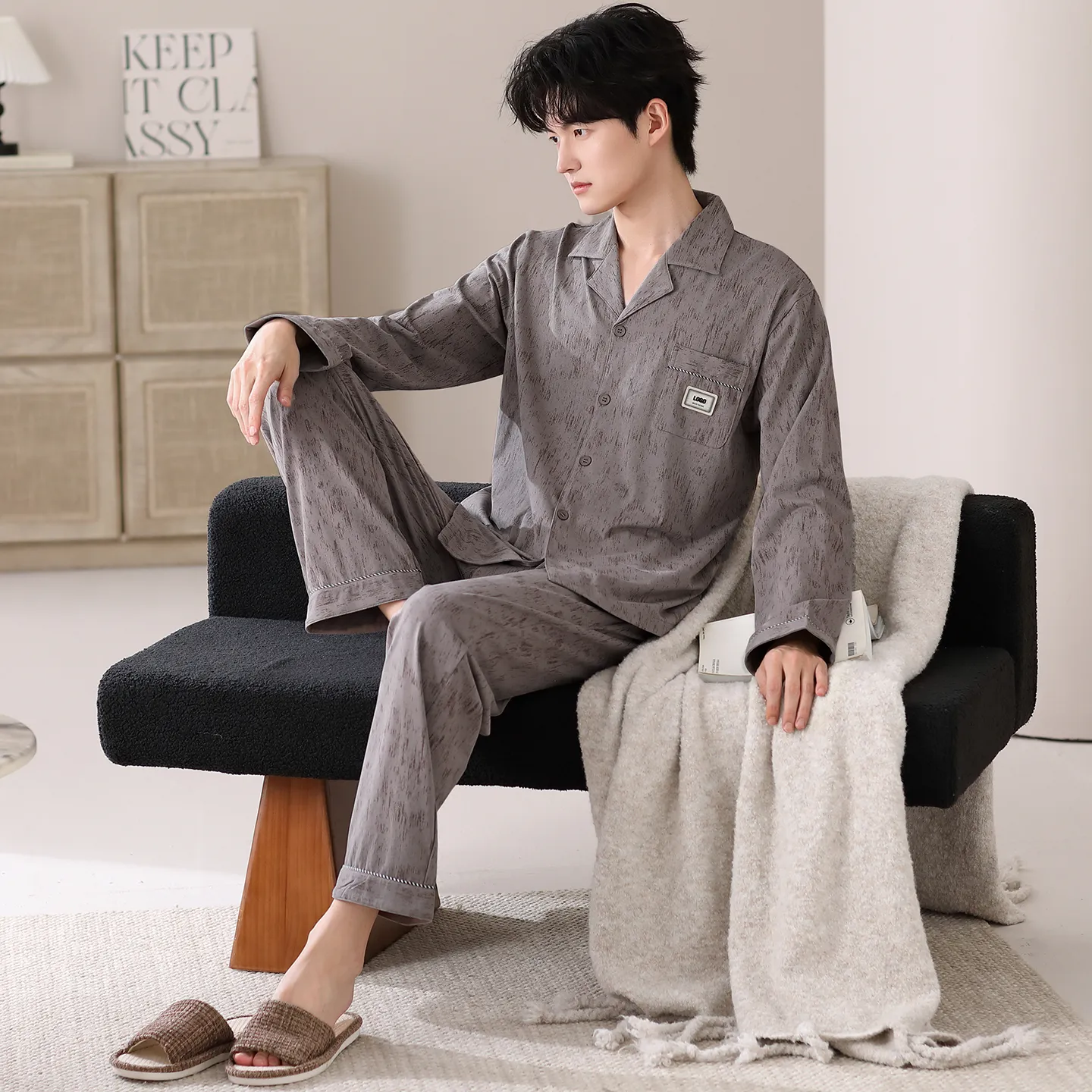 Nouveau pyjama homme en pur coton printemps/automne, cardigan, coupe ample, grandes tailles L-4XL · Grossiste · OEM · Mondial - View 3
