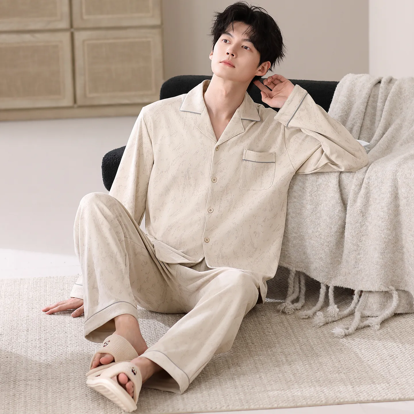 New Spring/Autumn Pure Cotton Men's Pajama, Cardigan Style, Loose Plus Size Loungewear, Sizes L-4XL · Wholesale · OEM · Worldwide Shipping