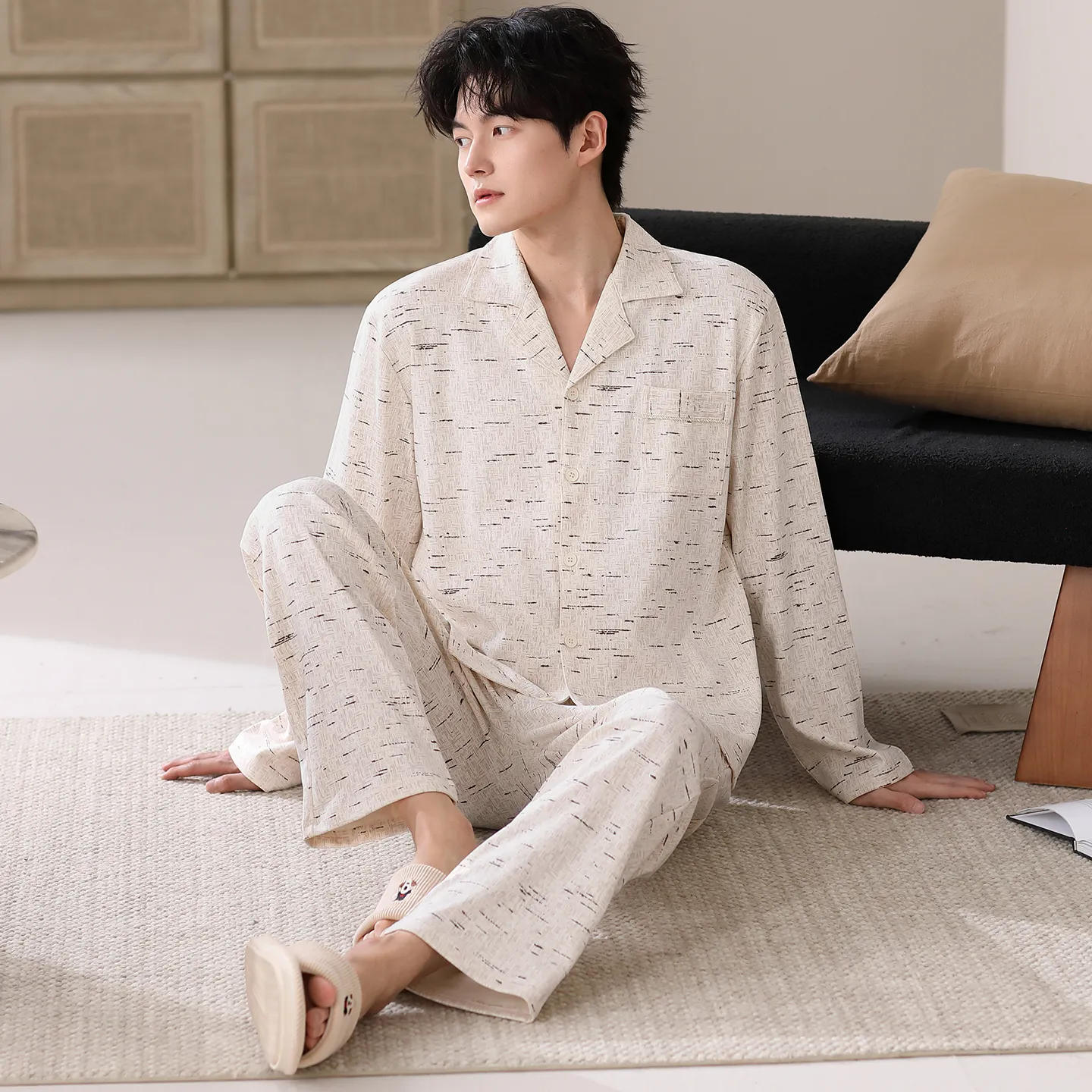봄·가을 신상 순면 남성 파자마, 가디건형, 루즈핏 빅사이즈 홈웨어 L-4XL · 도매 · OEM · 전 세계 배송 - View 2
