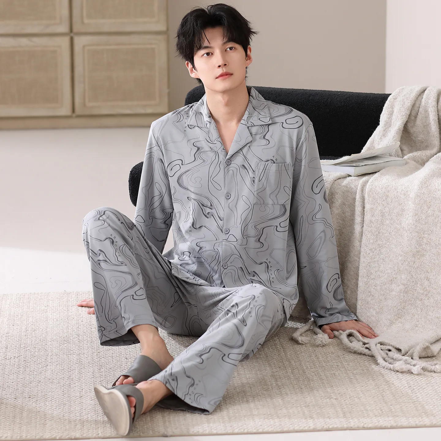 봄·가을 신상 순면 남성 파자마, 가디건형, 루즈핏 빅사이즈 홈웨어 L-4XL · 도매 · OEM · 전 세계 배송 - Detail 1