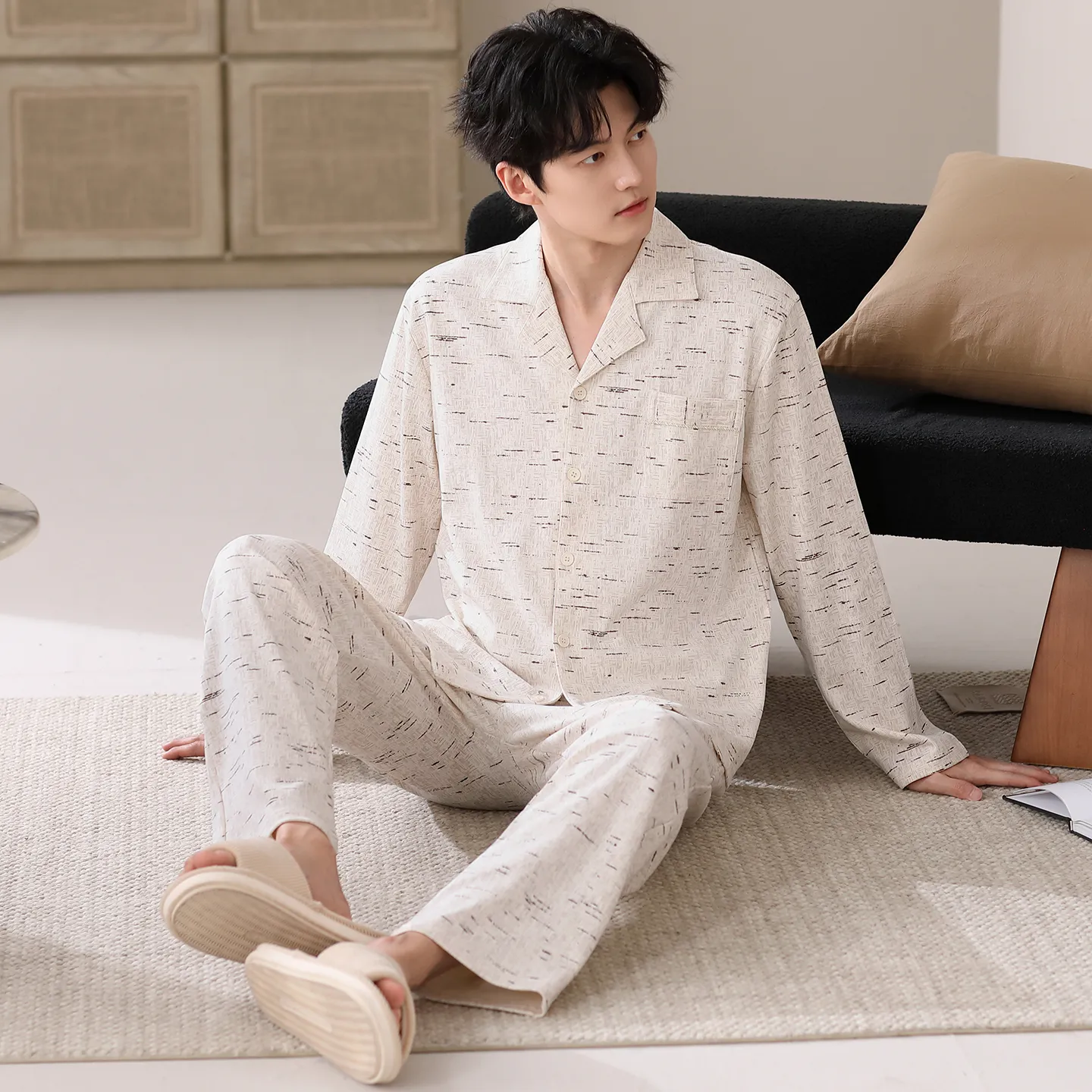 봄·가을 신상 순면 남성 파자마, 가디건형, 루즈핏 빅사이즈 홈웨어 L-4XL · 도매 · OEM · 전 세계 배송 - View 1
