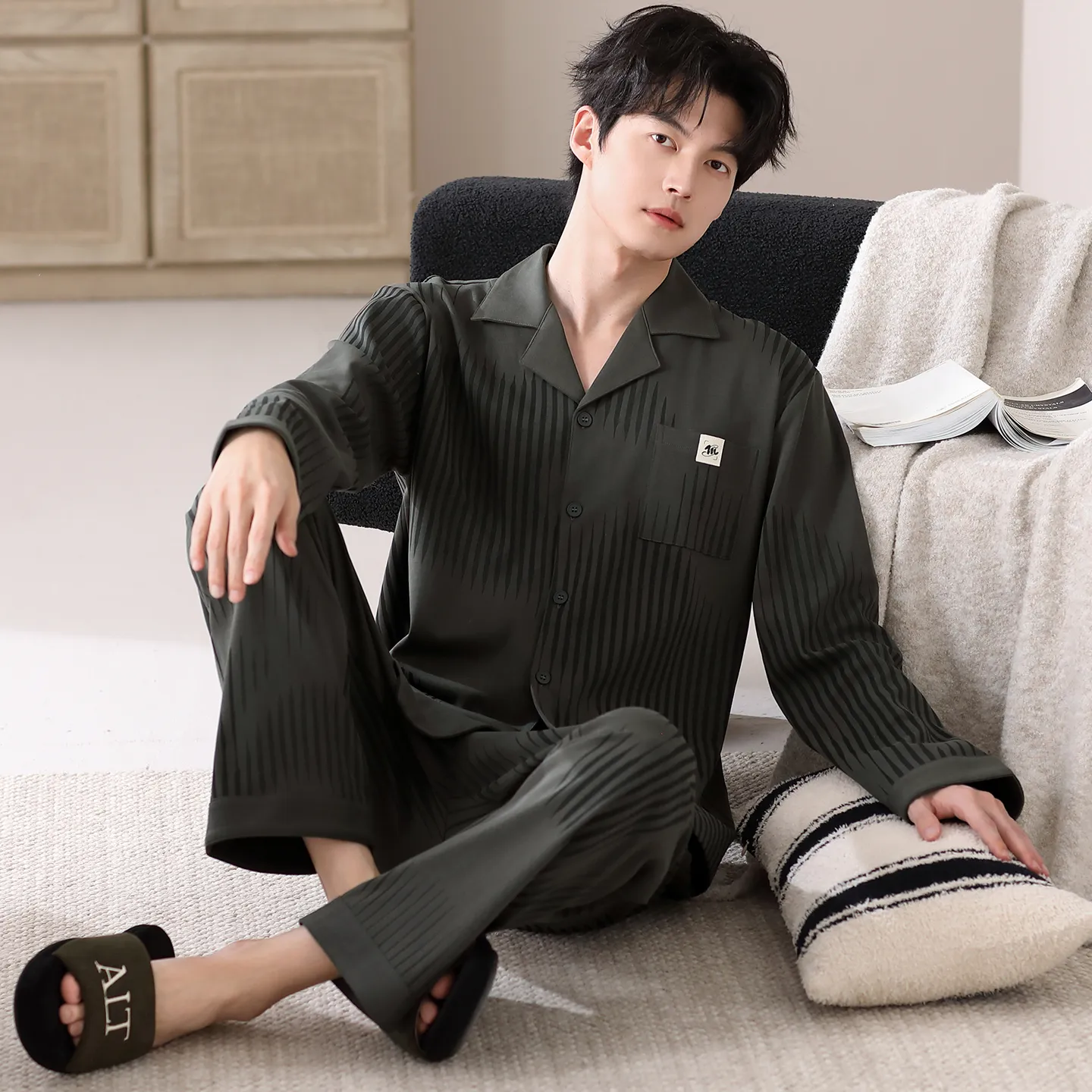 봄·가을 신상 순면 남성 파자마, 가디건형, 루즈핏 빅사이즈 홈웨어 L-4XL · 도매 · OEM · 전 세계 배송 - Detail 3