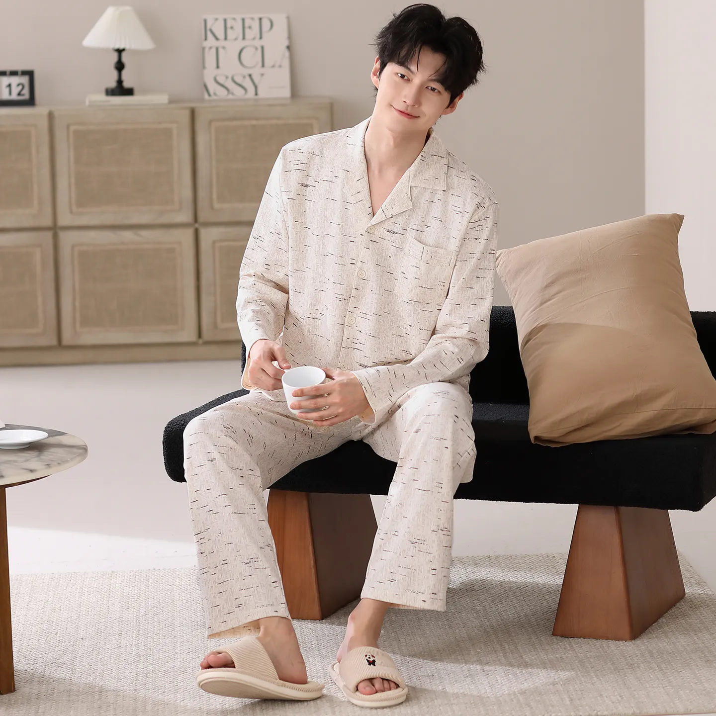 봄·가을 신상 순면 남성 파자마, 가디건형, 루즈핏 빅사이즈 홈웨어 L-4XL · 도매 · OEM · 전 세계 배송 - View 3
