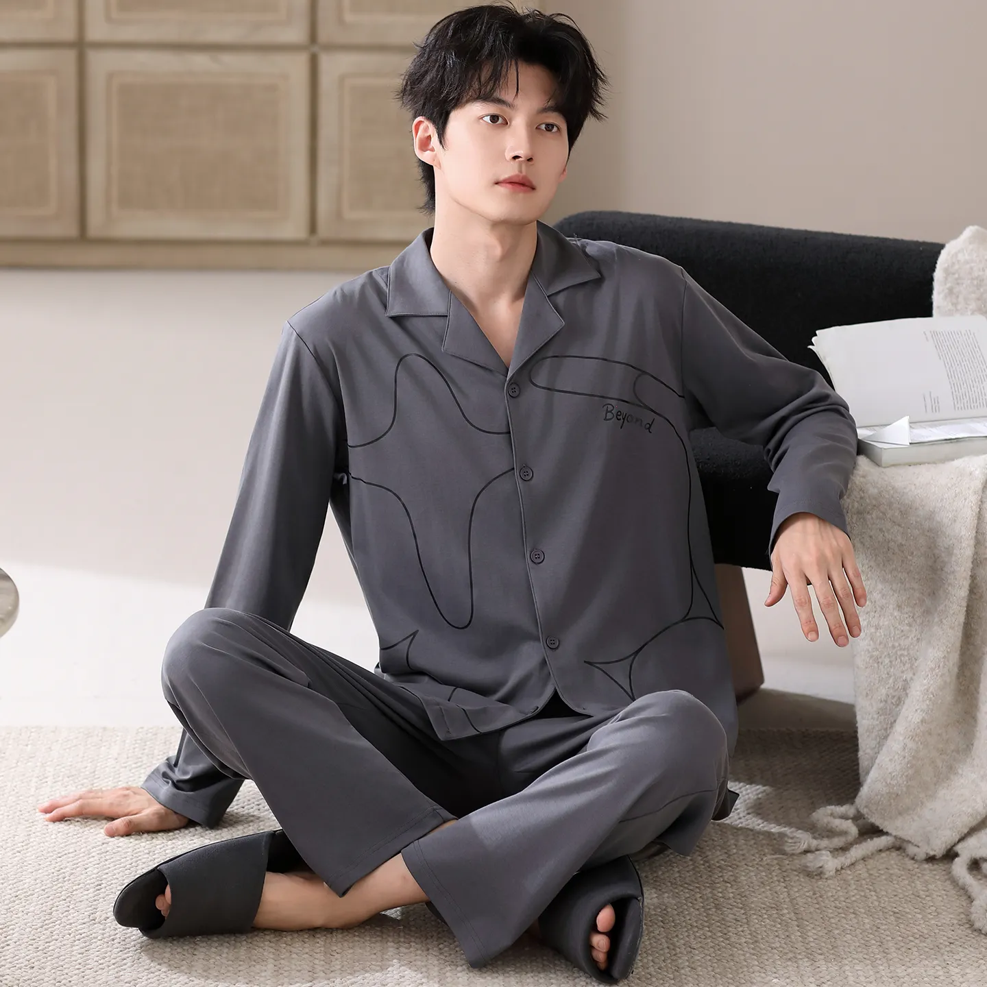 봄·가을 신상 순면 남성 파자마, 가디건형, 루즈핏 빅사이즈 홈웨어 L-4XL · 도매 · OEM · 전 세계 배송 - Detail 2
