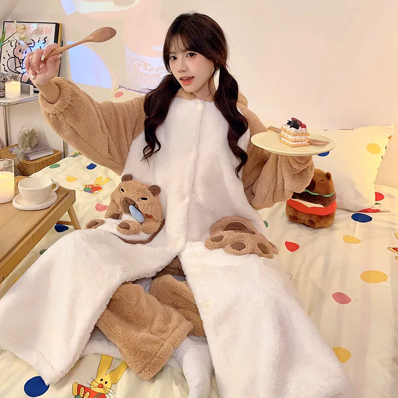 2026 Autumn/Winter Women's New Maternity/Nursing Loungewear Cute Thickened Warm Long Robe Long Plush Homewear Set · Wholesale · OEM · Worldwide Shipping - View 3