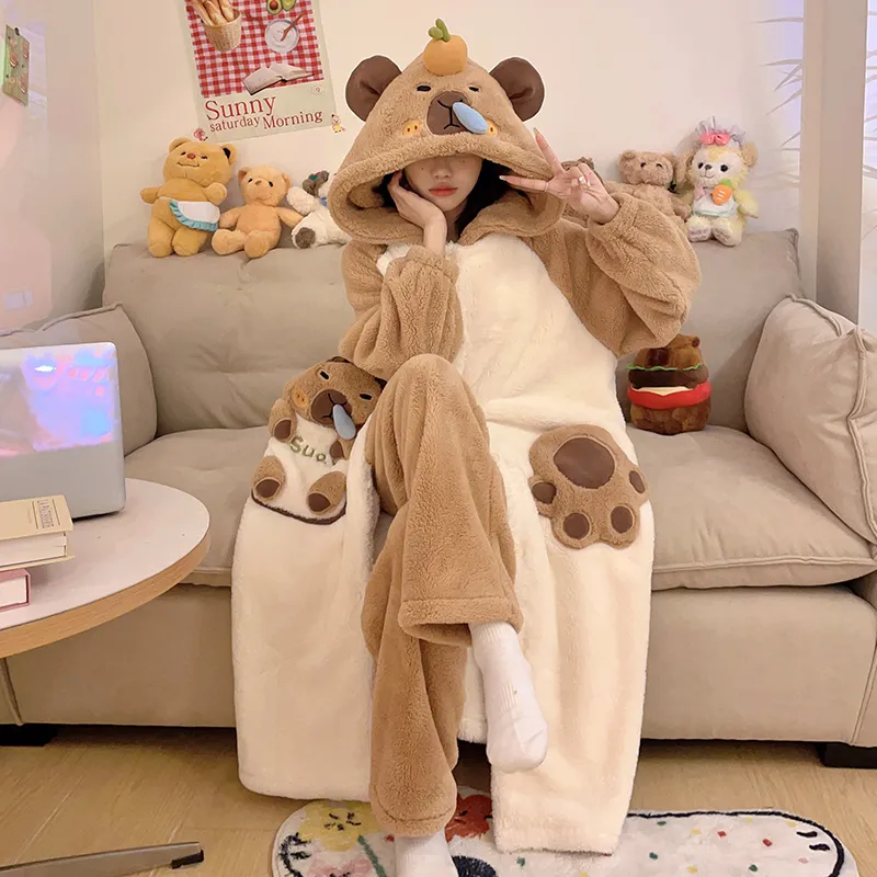 2026 Autumn/Winter Women's New Maternity/Nursing Loungewear Cute Thickened Warm Long Robe Long Plush Homewear Set · Wholesale · OEM · Worldwide Shipping - View 1