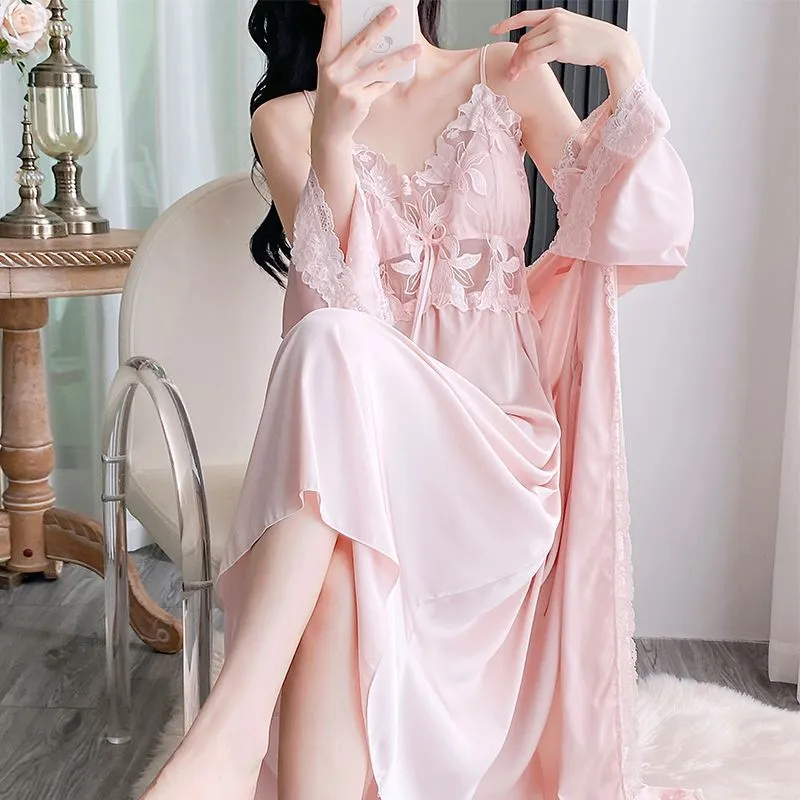 Sexy Women's Ice Silk Camisole Nightgown and Robe Two-Piece Set, Midi Length Premium Loungewear with Padding, Spring/Autumn · Wholesale · OEM · Worldwide Shipping - View 3