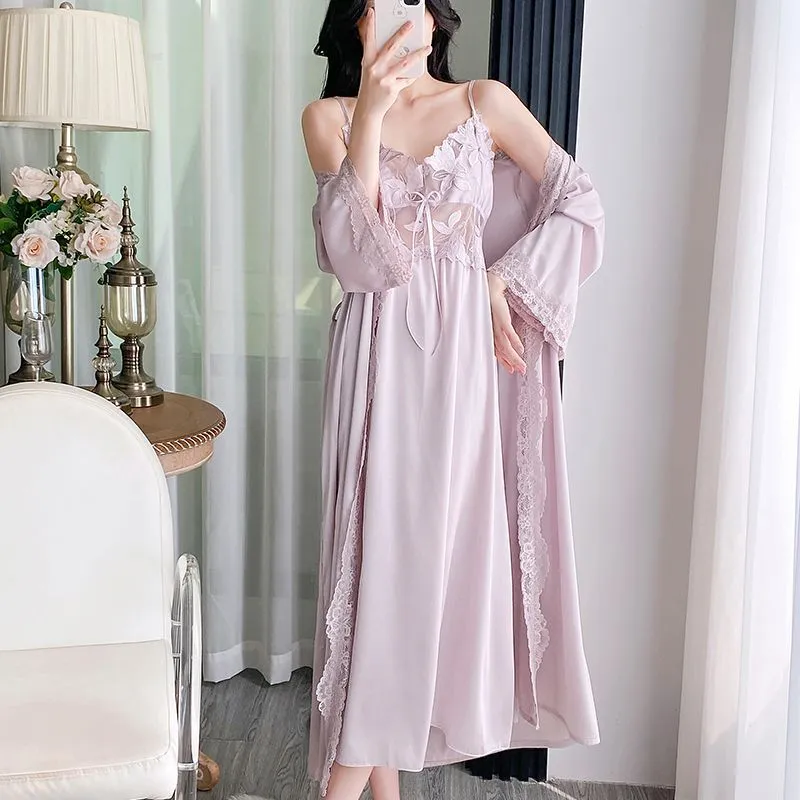 Sexy Women's Ice Silk Camisole Nightgown and Robe Two-Piece Set, Midi Length Premium Loungewear with Padding, Spring/Autumn · Wholesale · OEM · Worldwide Shipping - Detail 6