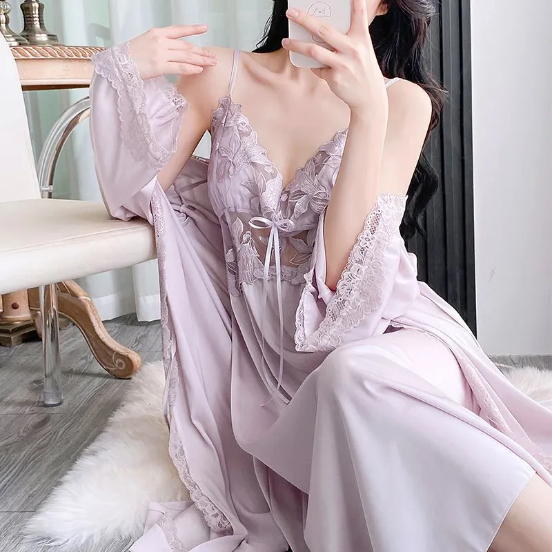 Sexy Women's Ice Silk Camisole Nightgown and Robe Two-Piece Set, Midi Length Premium Loungewear with Padding, Spring/Autumn · Wholesale · OEM · Worldwide Shipping - View 1
