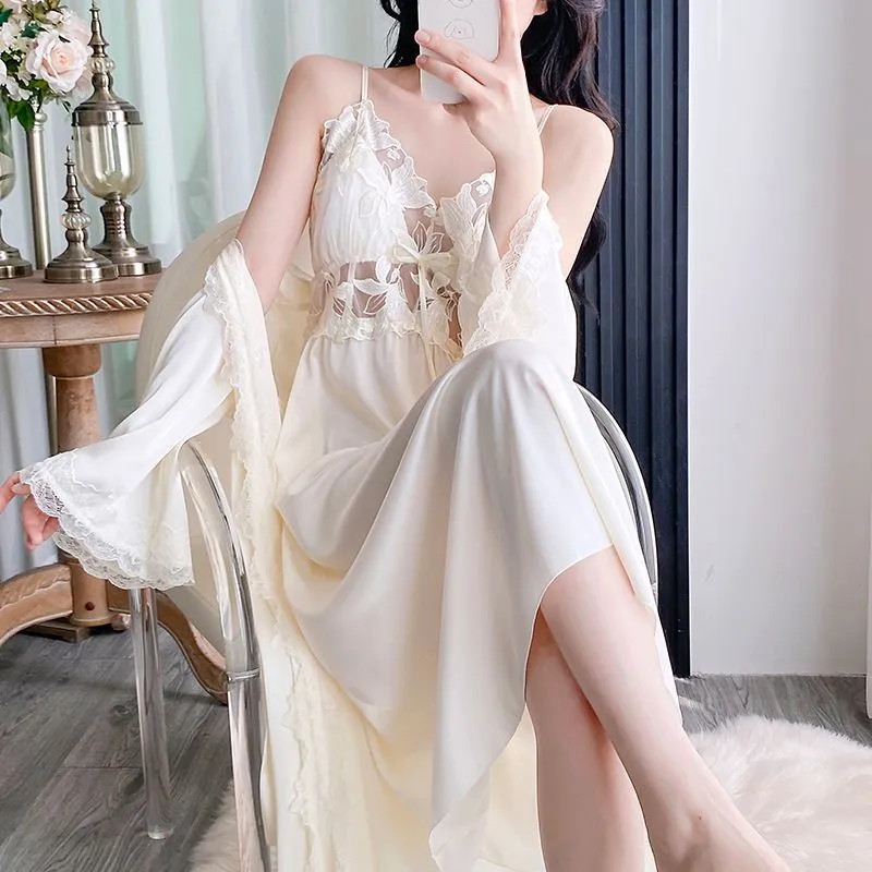 Sexy Women's Ice Silk Camisole Nightgown and Robe Two-Piece Set, Midi Length Premium Loungewear with Padding, Spring/Autumn · Wholesale · OEM · Worldwide Shipping