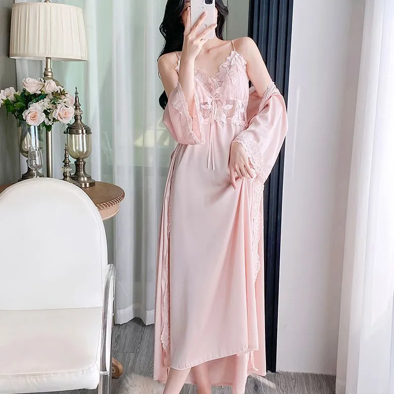 Sexy Women's Ice Silk Camisole Nightgown and Robe Two-Piece Set, Midi Length Premium Loungewear with Padding, Spring/Autumn · Wholesale · OEM · Worldwide Shipping - Detail 1