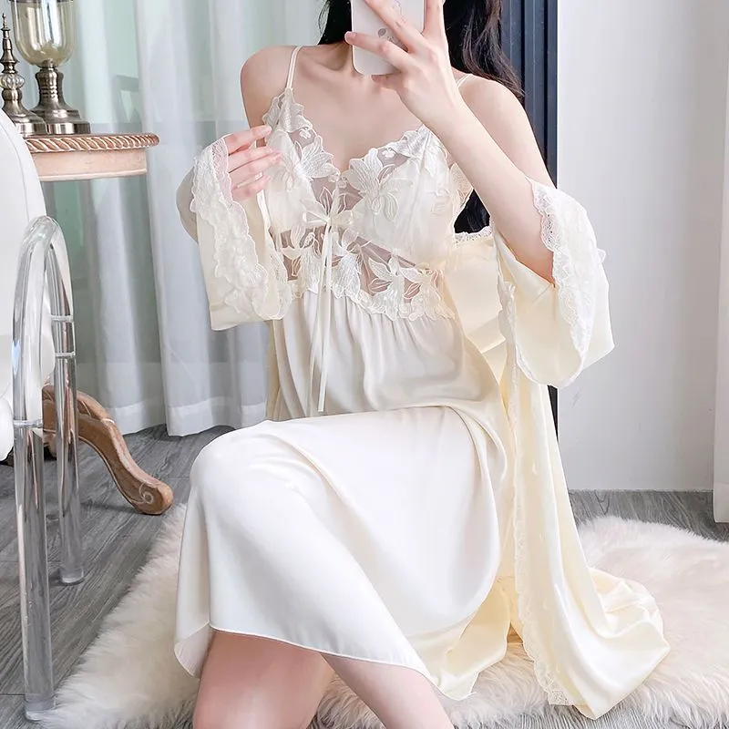 Sexy Women's Ice Silk Camisole Nightgown and Robe Two-Piece Set, Midi Length Premium Loungewear with Padding, Spring/Autumn · Wholesale · OEM · Worldwide Shipping - View 4