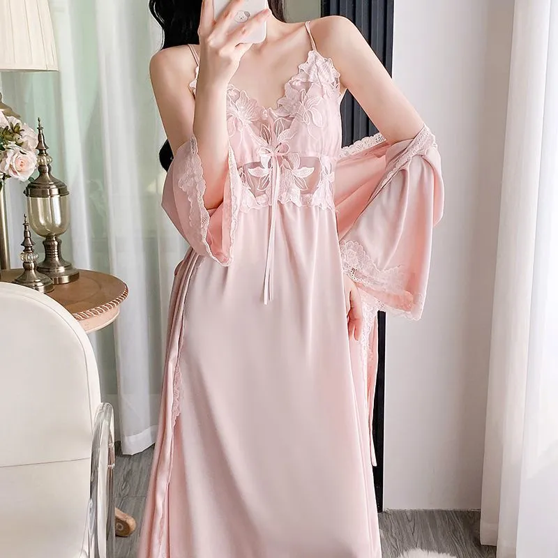 Sexy Women's Ice Silk Camisole Nightgown and Robe Two-Piece Set, Midi Length Premium Loungewear with Padding, Spring/Autumn · Wholesale · OEM · Worldwide Shipping - Detail 2