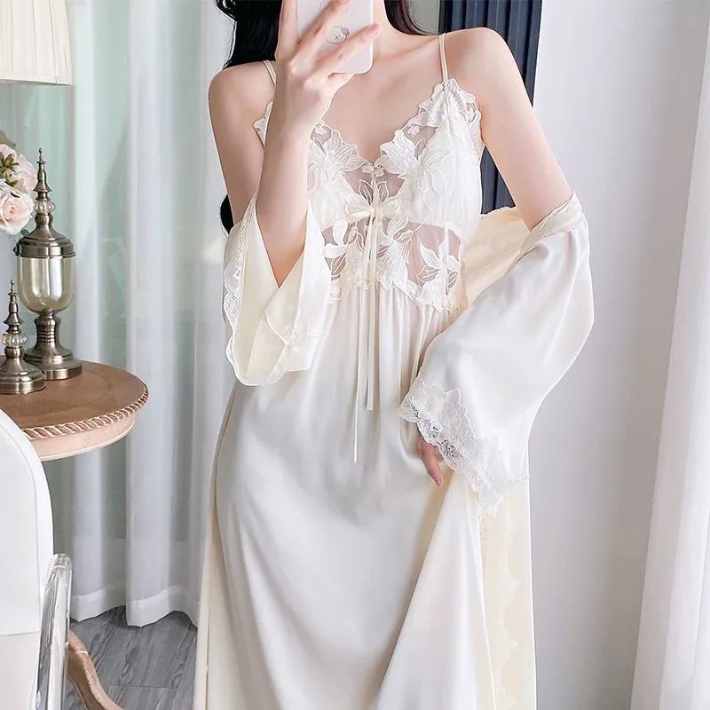 Sexy Women's Ice Silk Camisole Nightgown and Robe Two-Piece Set, Midi Length Premium Loungewear with Padding, Spring/Autumn · Wholesale · OEM · Worldwide Shipping - Detail 8