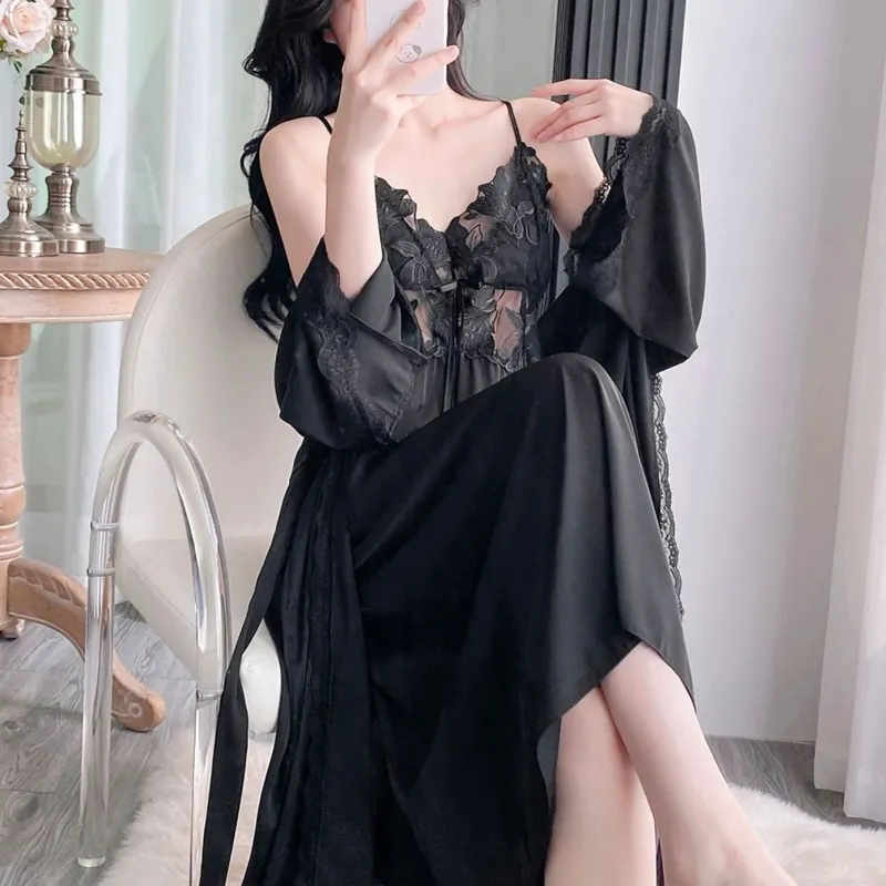 Sexy Women's Ice Silk Camisole Nightgown and Robe Two-Piece Set, Midi Length Premium Loungewear with Padding, Spring/Autumn · Wholesale · OEM · Worldwide Shipping - Detail 9