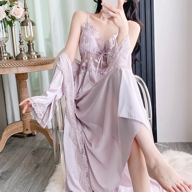 Sexy Women's Ice Silk Camisole Nightgown and Robe Two-Piece Set, Midi Length Premium Loungewear with Padding, Spring/Autumn · Wholesale · OEM · Worldwide Shipping - Detail 5