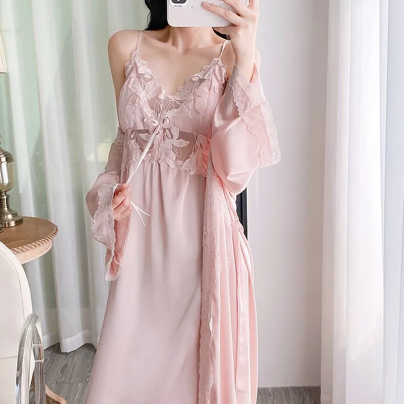 Sexy Women's Ice Silk Camisole Nightgown and Robe Two-Piece Set, Midi Length Premium Loungewear with Padding, Spring/Autumn · Wholesale · OEM · Worldwide Shipping - Detail 3