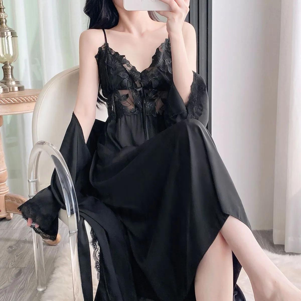 Sexy Women's Ice Silk Camisole Nightgown and Robe Two-Piece Set, Midi Length Premium Loungewear with Padding, Spring/Autumn · Wholesale · OEM · Worldwide Shipping - View 2
