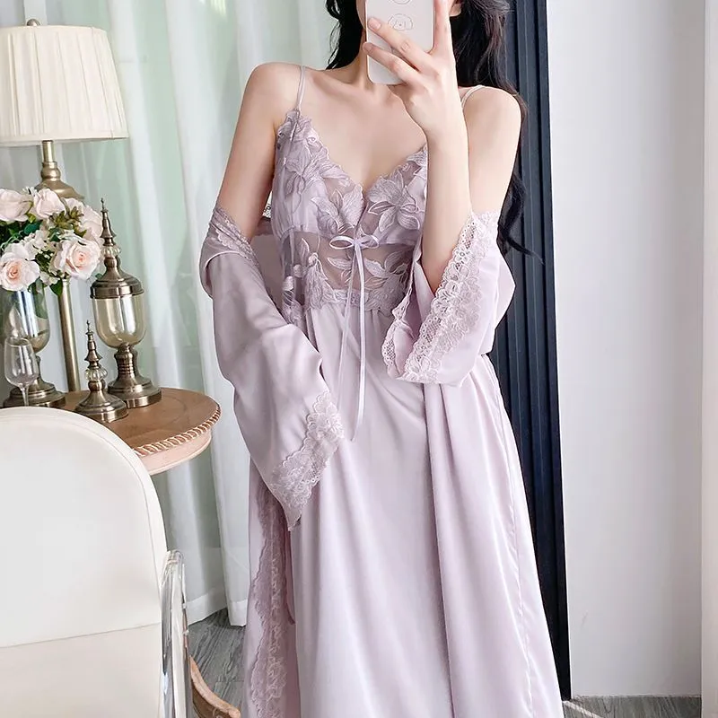 Sexy Women's Ice Silk Camisole Nightgown and Robe Two-Piece Set, Midi Length Premium Loungewear with Padding, Spring/Autumn · Wholesale · OEM · Worldwide Shipping - Detail 4