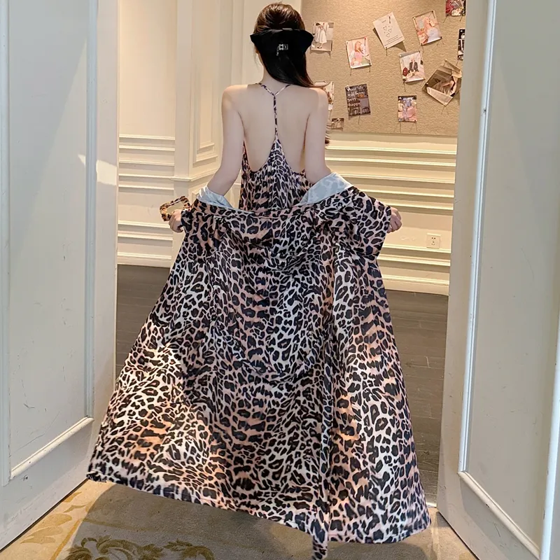 In-Stock Sexy Sleepwear Women Ice Silk Cami Nightdress Robe Two-Piece Set Leopard Print Long Length with Fixed Chest Pads Premium Feel · Wholesale · OEM · Worldwide Shipping - Detail 11