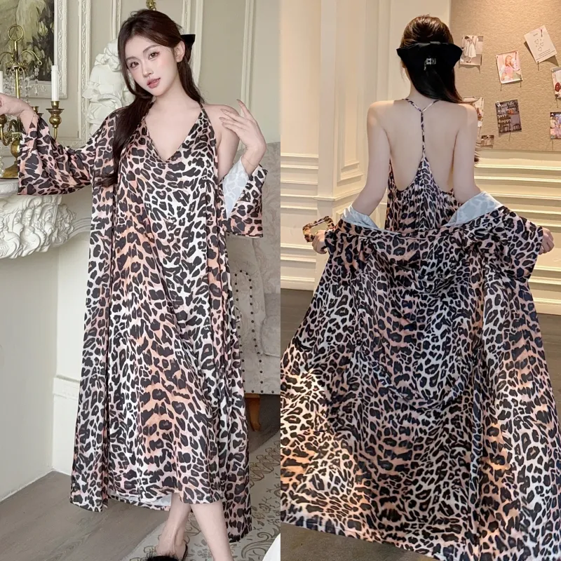 In-Stock Sexy Sleepwear Women Ice Silk Cami Nightdress Robe Two-Piece Set Leopard Print Long Length with Fixed Chest Pads Premium Feel · Wholesale · OEM · Worldwide Shipping - Detail 1