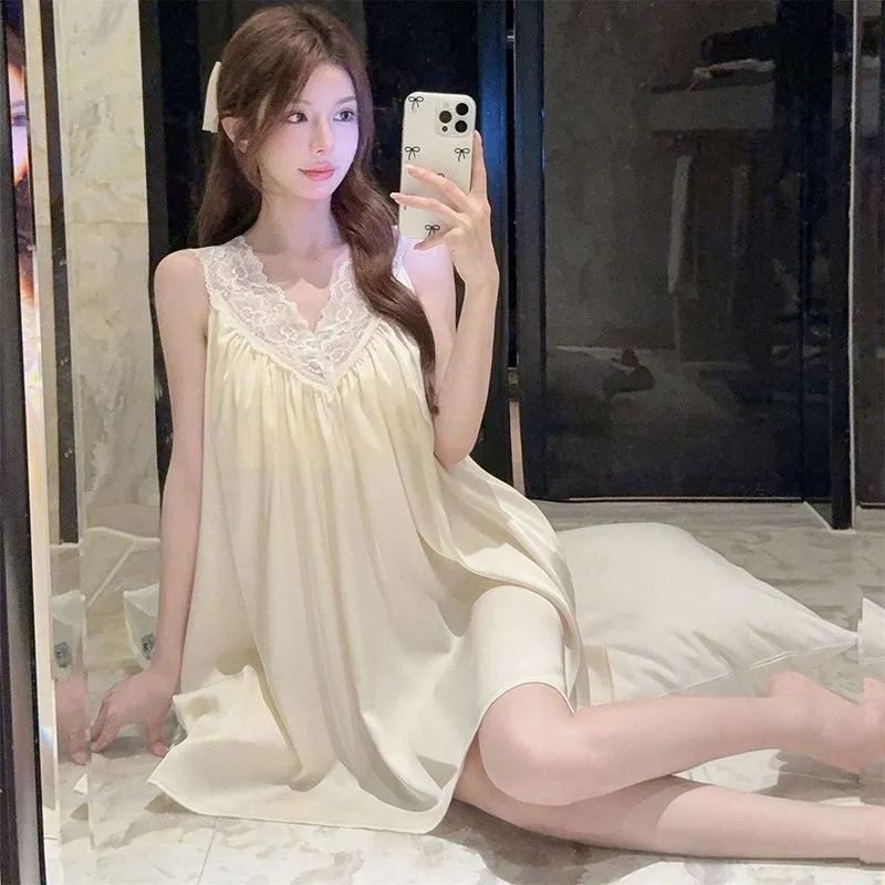 Sexy Ice Silk Camisole Sleep Dress for Women with Lace Trim, Loose Babydoll Nightgown with Built-in Pads, Pure Desire Loungewear · Wholesale · OEM · Worldwide Shipping - Detail 2
