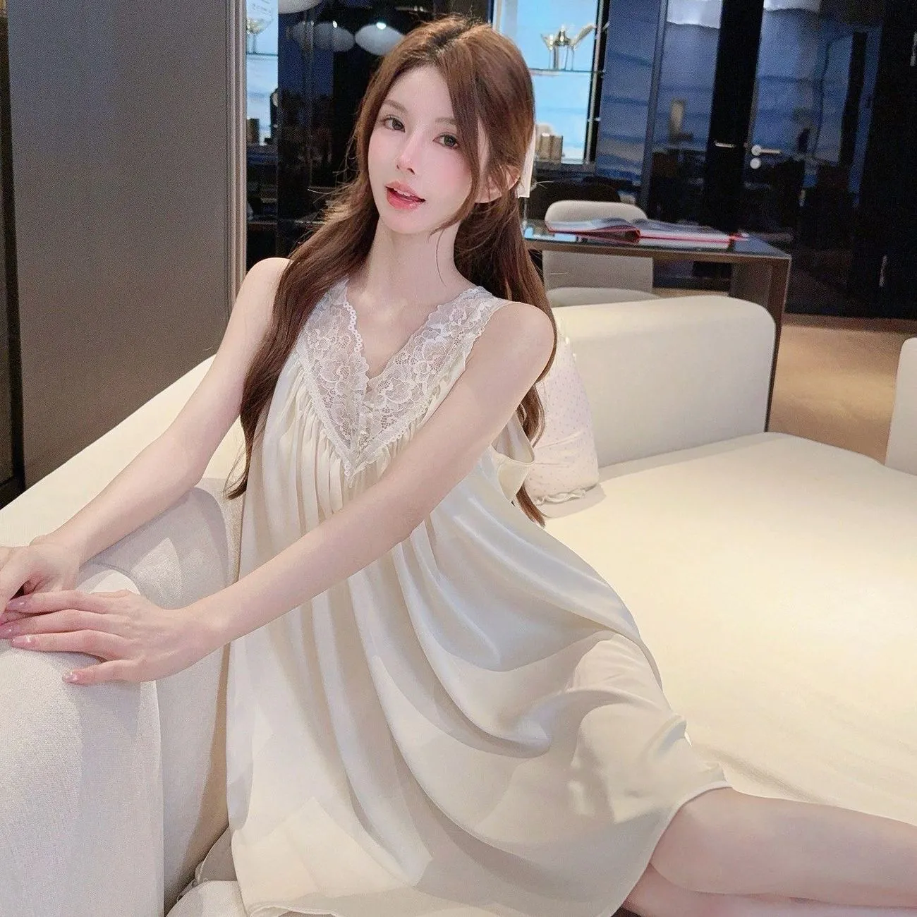 Sexy Ice Silk Camisole Sleep Dress for Women with Lace Trim, Loose Babydoll Nightgown with Built-in Pads, Pure Desire Loungewear · Wholesale · OEM · Worldwide Shipping - Detail 1