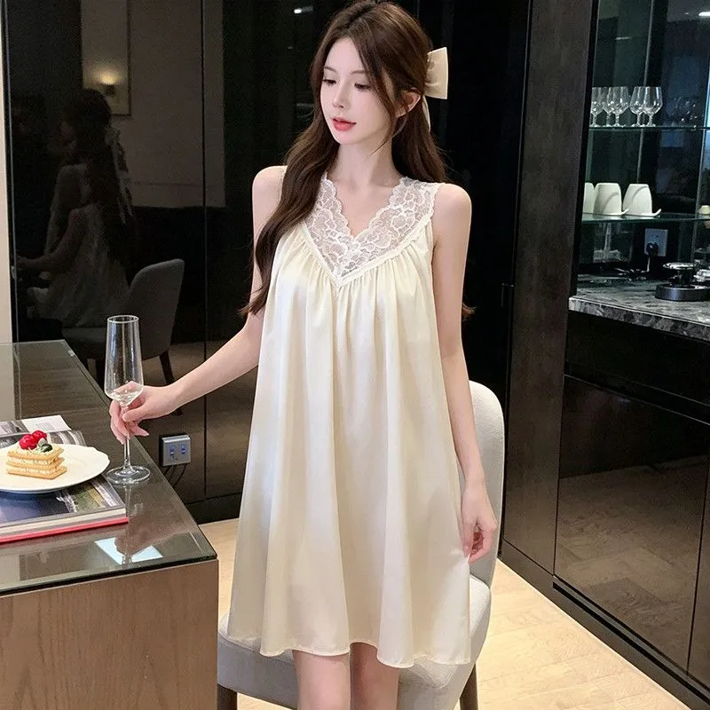 Sexy Ice Silk Camisole Sleep Dress for Women with Lace Trim, Loose Babydoll Nightgown with Built-in Pads, Pure Desire Loungewear · Wholesale · OEM · Worldwide Shipping - View 3