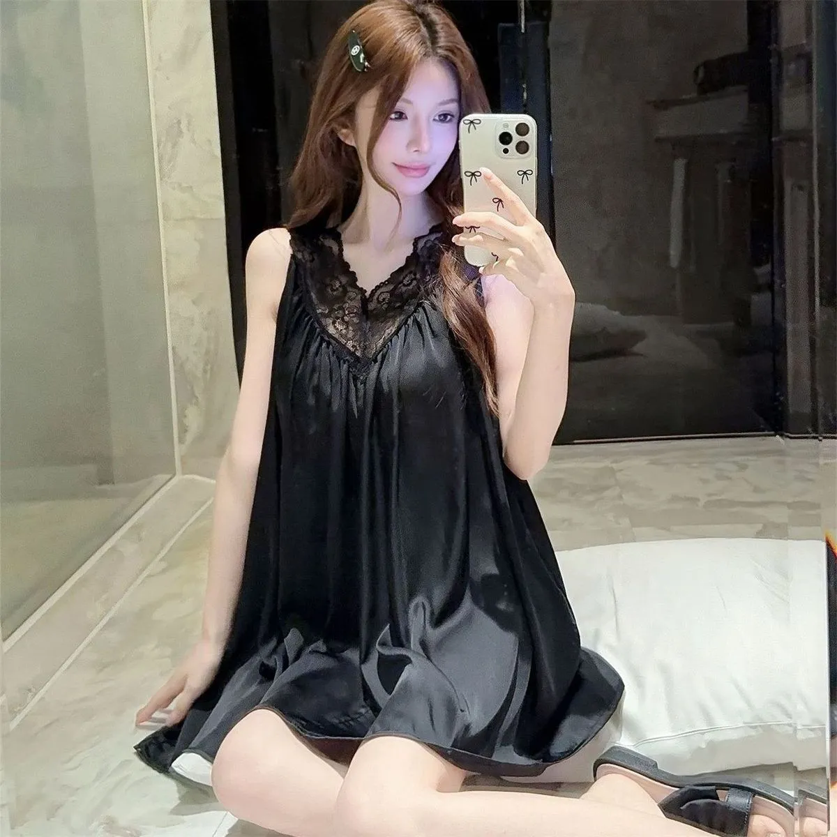 Sexy Ice Silk Camisole Sleep Dress for Women with Lace Trim, Loose Babydoll Nightgown with Built-in Pads, Pure Desire Loungewear · Wholesale · OEM · Worldwide Shipping - Detail 7