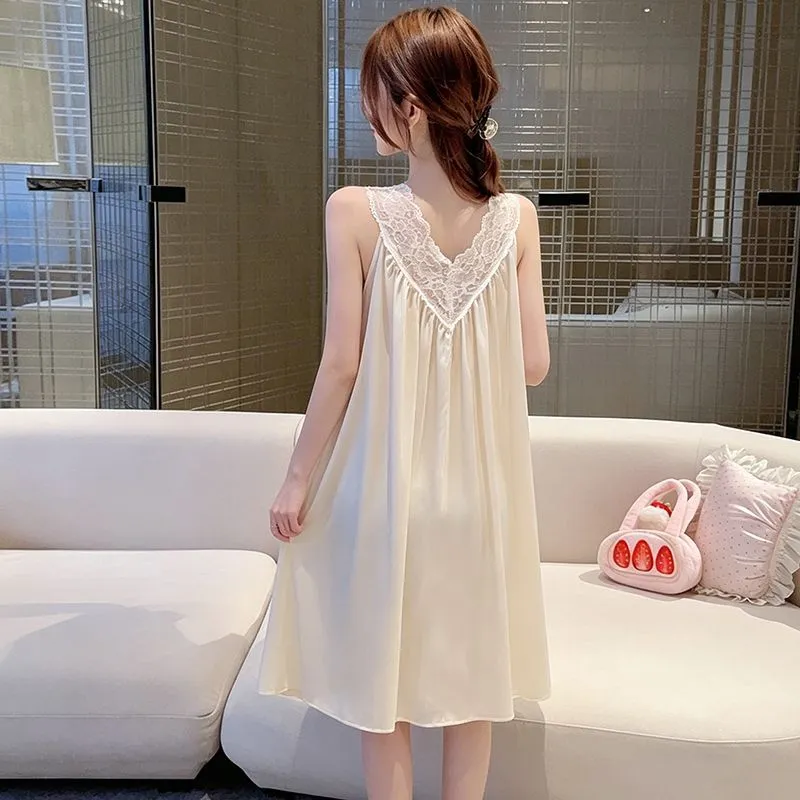Sexy Ice Silk Camisole Sleep Dress for Women with Lace Trim, Loose Babydoll Nightgown with Built-in Pads, Pure Desire Loungewear · Wholesale · OEM · Worldwide Shipping - Detail 6