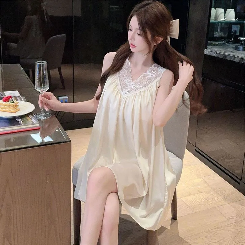 Sexy Ice Silk Camisole Sleep Dress for Women with Lace Trim, Loose Babydoll Nightgown with Built-in Pads, Pure Desire Loungewear · Wholesale · OEM · Worldwide Shipping - Detail 4