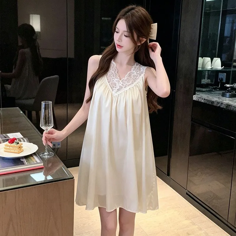 Sexy Ice Silk Camisole Sleep Dress for Women with Lace Trim, Loose Babydoll Nightgown with Built-in Pads, Pure Desire Loungewear · Wholesale · OEM · Worldwide Shipping - Detail 3