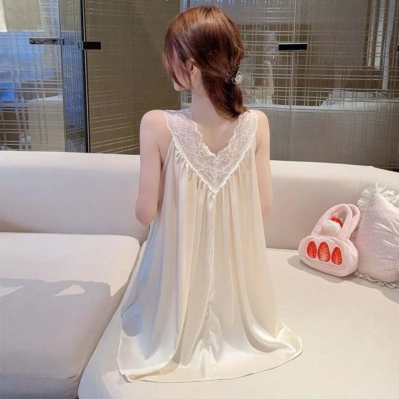 Sexy Ice Silk Camisole Sleep Dress for Women with Lace Trim, Loose Babydoll Nightgown with Built-in Pads, Pure Desire Loungewear · Wholesale · OEM · Worldwide Shipping - Detail 5
